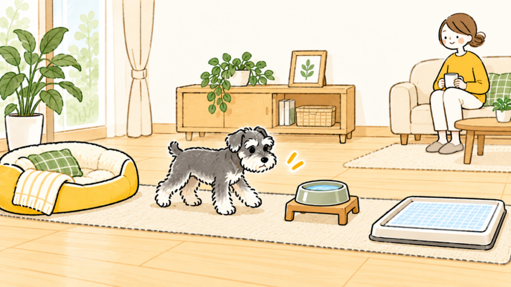 滑りにくい動線で寝床から水とトイレへ移動できるシニア犬