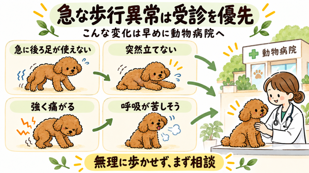 急に後ろ足が使えない、立てない、強く痛がる、呼吸が苦しそうなど老犬の受診目安を示したイラスト