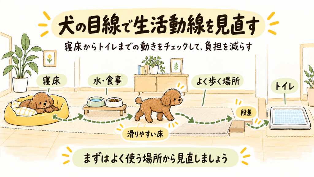 老犬の寝床から水や食事、トイレまでの生活動線と滑る床や段差を見直すポイントを示すイラスト