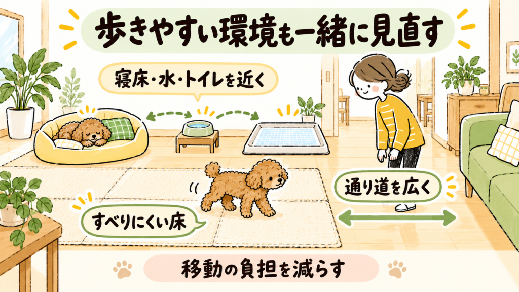 滑りにくい床、寝床・水・トイレを近くする工夫、広い通り道など老犬が歩きやすい室内環境を示したイラスト
