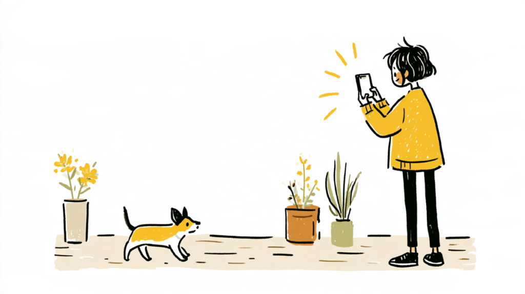 シニア犬が歩く様子をスマートフォンで撮影し、歩き方の変化を記録するイラスト