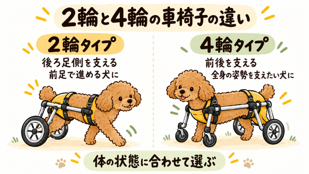 老犬用の2輪車椅子と4輪車椅子で支える場所や向いている状態の違いを比較したイラスト